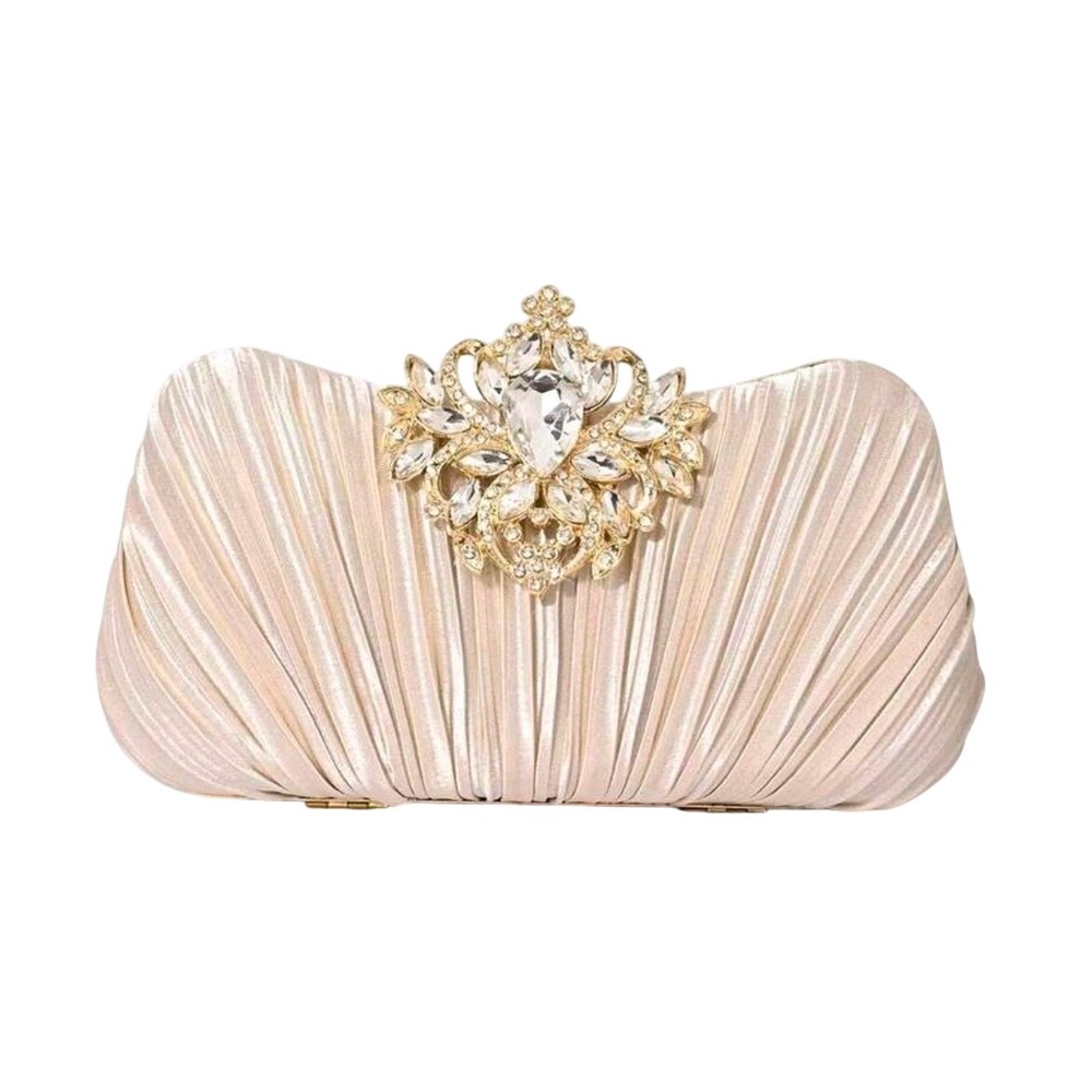 Women's Elegant Rhinestone Clutch Evening Bag Champagne‎ Pleated Chain